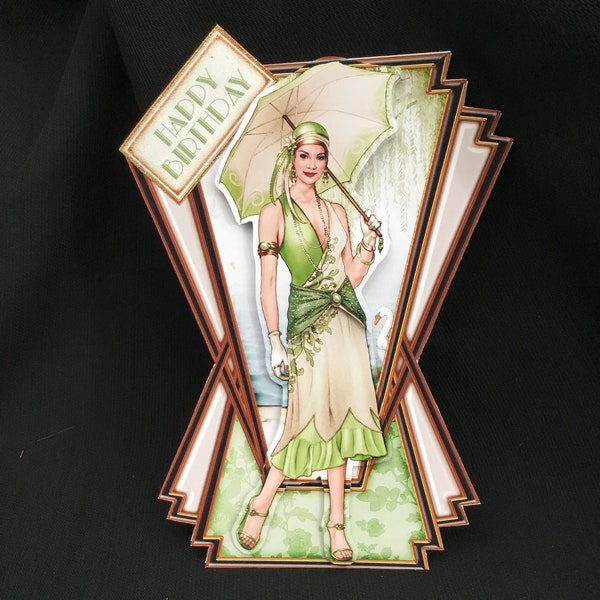 Art Deco 3D Decoupage Card, 1920’s Style Card, Green Dress, Personalised, Handmade In The UK