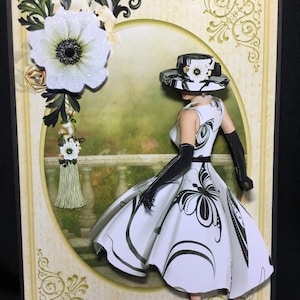 Elegante signora, carta decoupage 3D, bianco e nero, personalizzata, fatta a mano nel Regno Unito