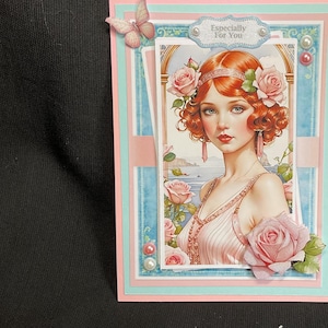 Carte de servitude 3D Art déco, rose et bleu, style années 1920, personnalisée, faite main au Royaume-Uni