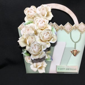 Art deco handtas gevormde 3D-decoupagekaart, gepersonaliseerd, Moederdag, verjaardagskaart, groen en crème, handgemaakt in het Verenigd Koninkrijk