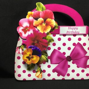 Carta decoupage 3D a forma di borsa, personalizzata, a pois rosa e bianchi, il tuo giorno speciale, biglietto di compleanno, fatto a mano nel Regno Unito