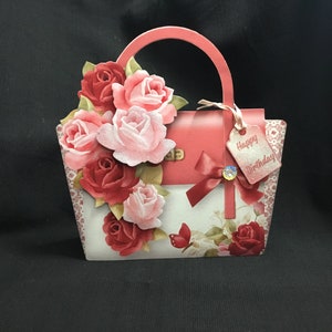 Handbag Shaped 3D Decoupage Card, Personalised, Mothers Day, Birthday Card, Pink and Red Roses, Handmade In The UK