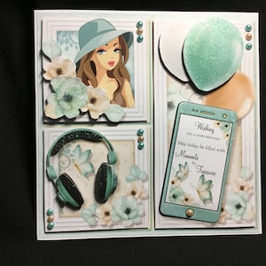 3D-decoupagekaart voor mobiele telefoon, gepersonaliseerd, handgemaakt in Groot-Brittannië, groen en wit