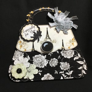 Biglietto decoupage 3D a forma di borsa, biglietto con borsa parigina, personalizzato, biglietto di compleanno, bianco e nero, fatto a mano nel Regno Unito