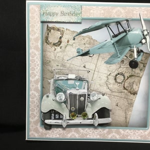 Vintage auto, blauw en zilver, 3D-decoupagekaart, gepersonaliseerd, handgemaakt in het Verenigd Koninkrijk
