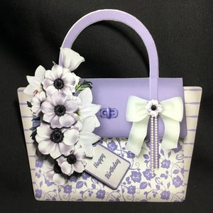 Lilac and White, Handbag Shaped 3D Decoupage Card,  Personalised, Mothers Day, Birthday Card, Handmade In The UK