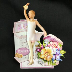 Ballerina en bloemen 3D-decoupagekaart, handgemaakt in het Verenigd Koninkrijk