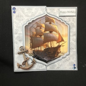 Biglietto con nave a vela, decoupage 3D, buon compleanno, festa del papà, fatto a mano nel Regno Unito