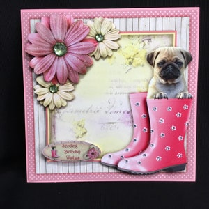 Pug In Boots-kaart, 3D-decoupagekaart, roze en geel, gepersonaliseerd, handgemaakt in het VK
