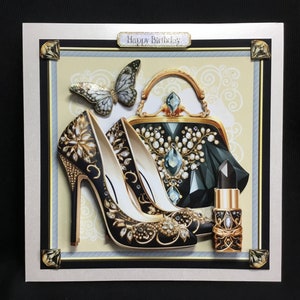 Bolsa e sapatos brilhantes, cartão de aniversário, preto e dourado, decoupage 3D, feito à mão no Reino Unido
