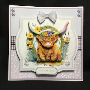 Schattige lange hoorn koe, 3D decoupage kaart, gepersonaliseerd, handgemaakt in het Verenigd Koninkrijk