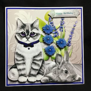 Chat et lapin, carte de découpage 3D, grande carte, personnalisée, faite à la main au Royaume-Uni