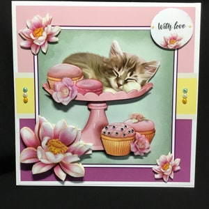 Kitten and Cup Cakes, 3D-decoupagekaart, verjaardagskaart of Moederdagkaart, gepersonaliseerd, handgemaakt in het Verenigd Koninkrijk