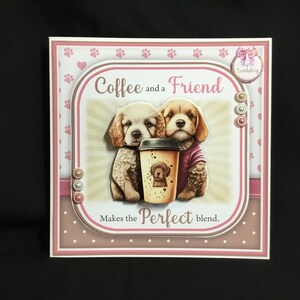 Due cuccioli che bevono caffè, carta decoupage 3D, personalizzata, fatta a mano nel Regno Unito