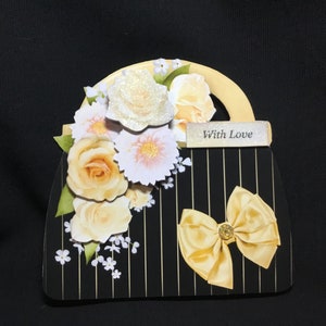 Handtasvormige 3D-decoupagekaart, gepersonaliseerd, zwart en geel, Your Special Day, verjaardagskaart, handgemaakt in het Verenigd Koninkrijk