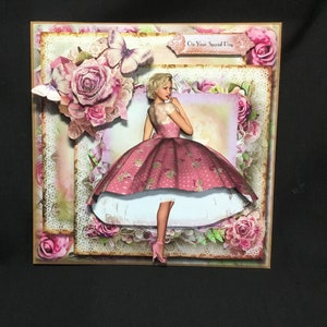 Prachtige dame in roze jurken, 3D-decoupagekaart, roze en wit, gepersonaliseerd, handgemaakt in het Verenigd Koninkrijk