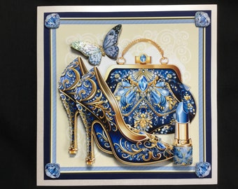 Glitzy Bag And Shoes, Birthday Card, Blue And Gold, 3D Decoupage, Handmade In The Uk