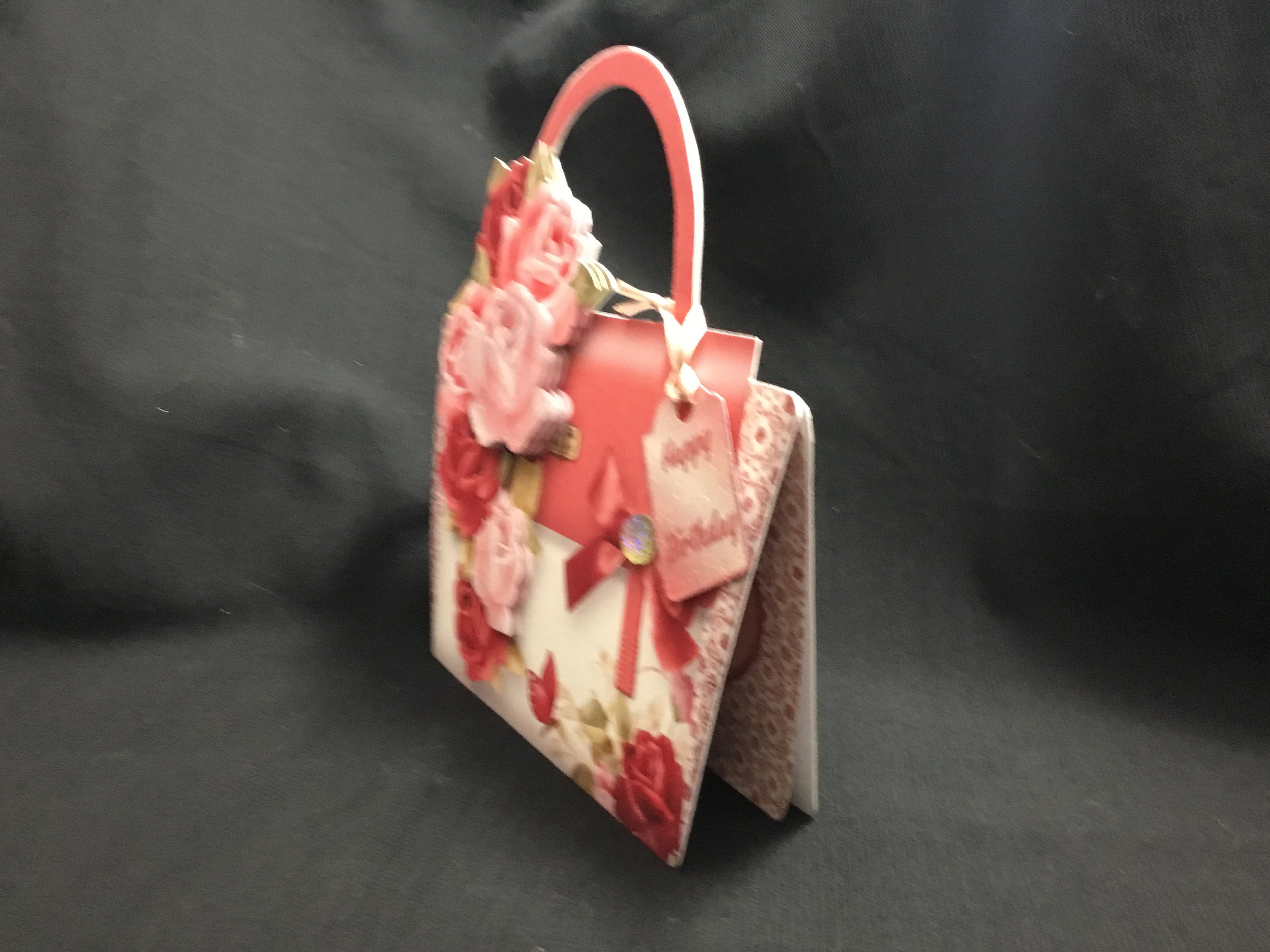 Carte de sac à main 3D faite main : roses roses et rouges, anniversaire ...