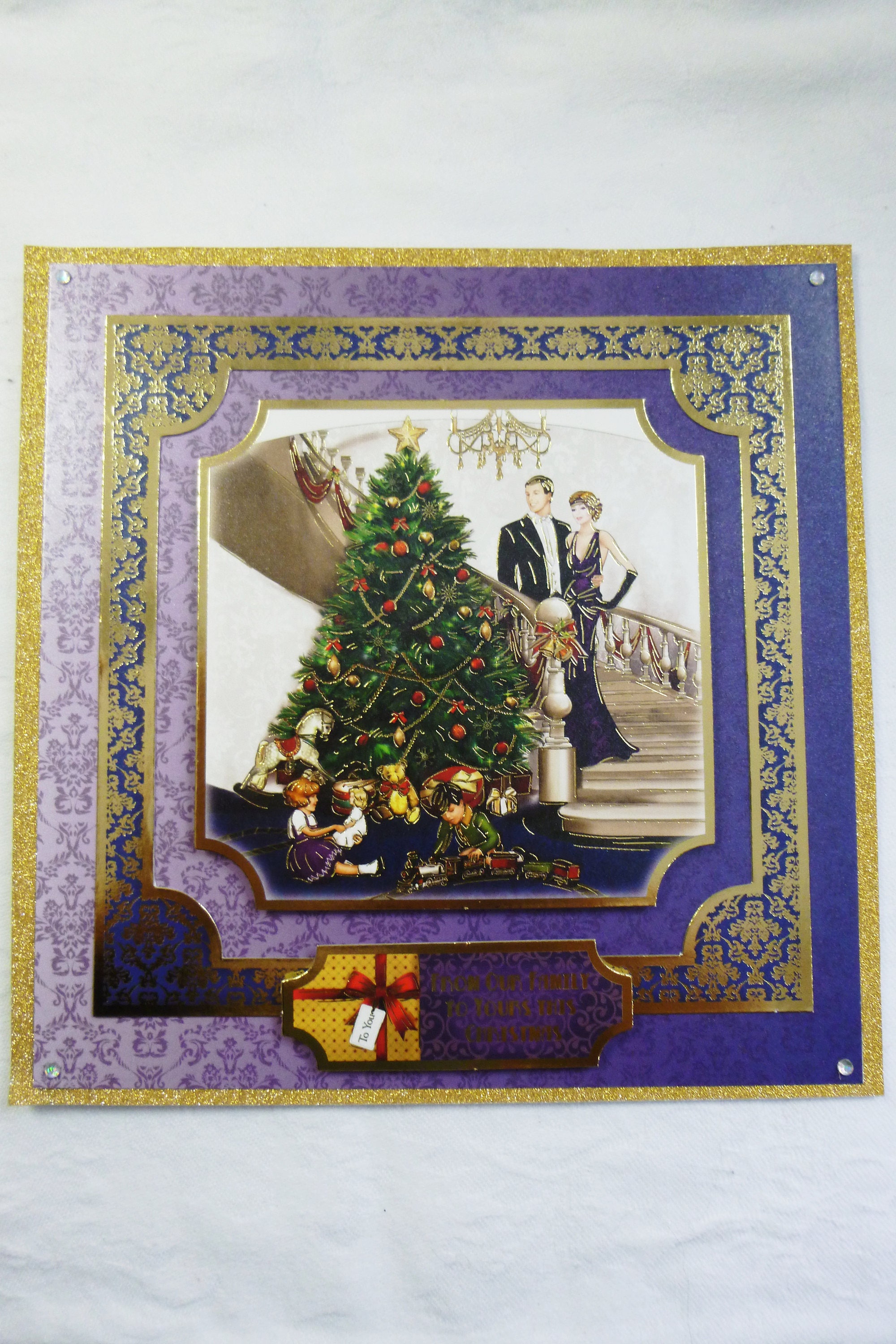Art Deco Christmas Card, Family Christmas Card, Traditional Greeting Card, Gold and Purple, Male