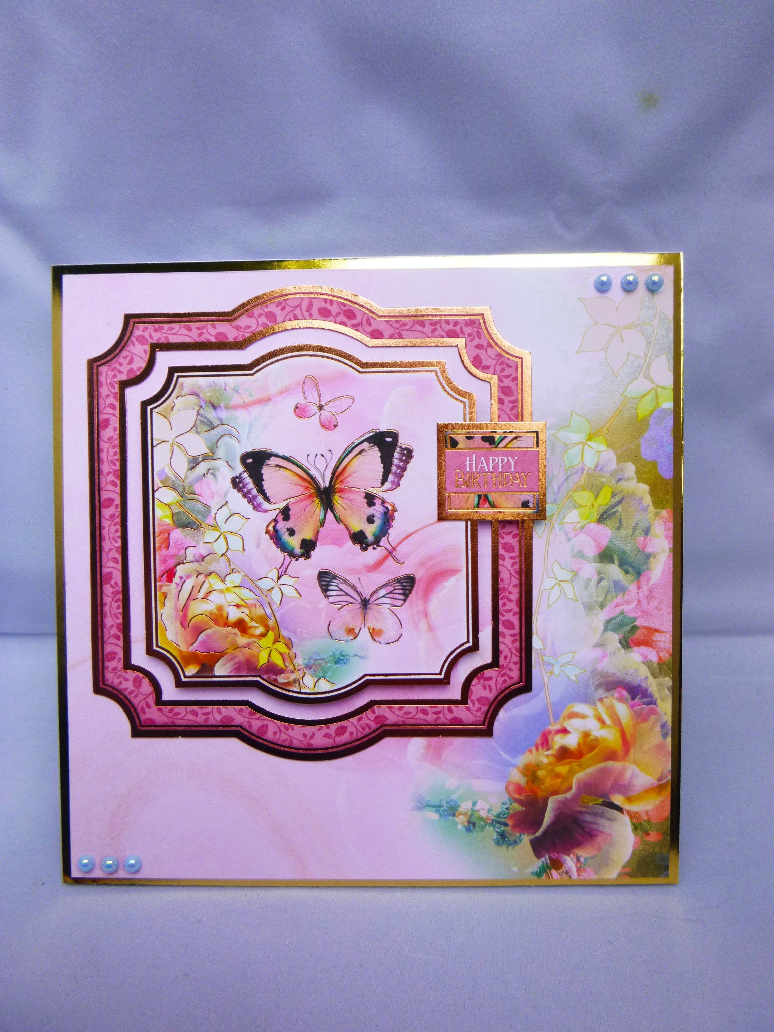 Handmade Happy Birthday card lilac & white flowers & butterflies with pearls Handmade Happy Birthday card lilac & white flowers & butterflies with pearls