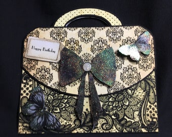 Handbag Birthday Card: Black Lace 3D Decoupage, Personalised