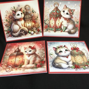 Confezione da 4 cartoline di Natale con gatti e lanterne a forma orientale, realizzate a mano nel Regno Unito