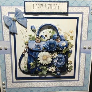 Carte de découpage 3D de sac à main bleu, personnalisée, faite à la main au Royaume-Uni