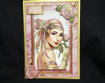 Glitzy Art Deco 3D Decoupage Card, 1920’s Style Card,Pink And Gold, Personalised, Handmade In The UK