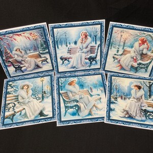 Set van 6 vintage kerstkaarten in het winterpark, blauw en wit, handgemaakt in het Verenigd Koninkrijk