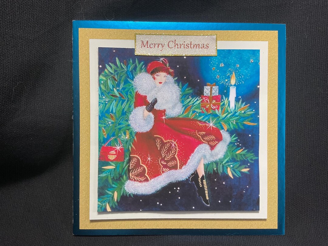 Christmas Art Deco Decoupage Card, 1920s Style Card, Blue and Red ...