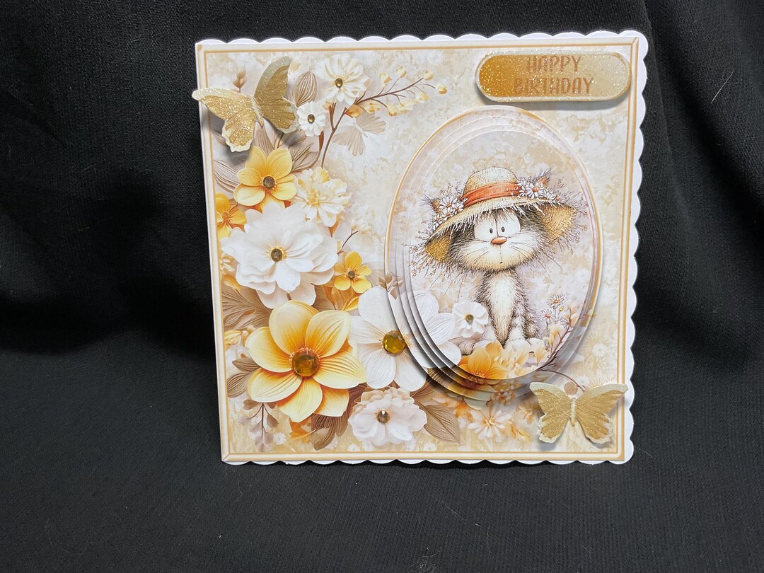 3D Cat in A Hat Birthday Card: Handmade Decoupage Greeting Card Yellow ...