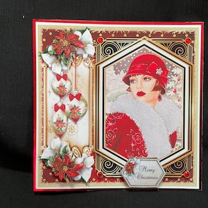 Carte de découpage de Noël Art déco, style années 1920, personnalisée, rouge et blanc, faite main au Royaume-Uni