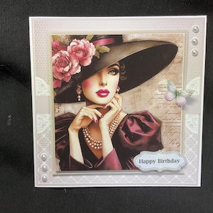 Art deco elegante dame, roze en zwart, verjaardagskaart, elke gelegenheid, 3D-decoupage, handgemaakt in het Verenigd Koninkrijk