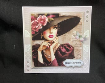 Handgemachte Art Deco Lady Karte: Pink & Schwarz 3D Decoupage