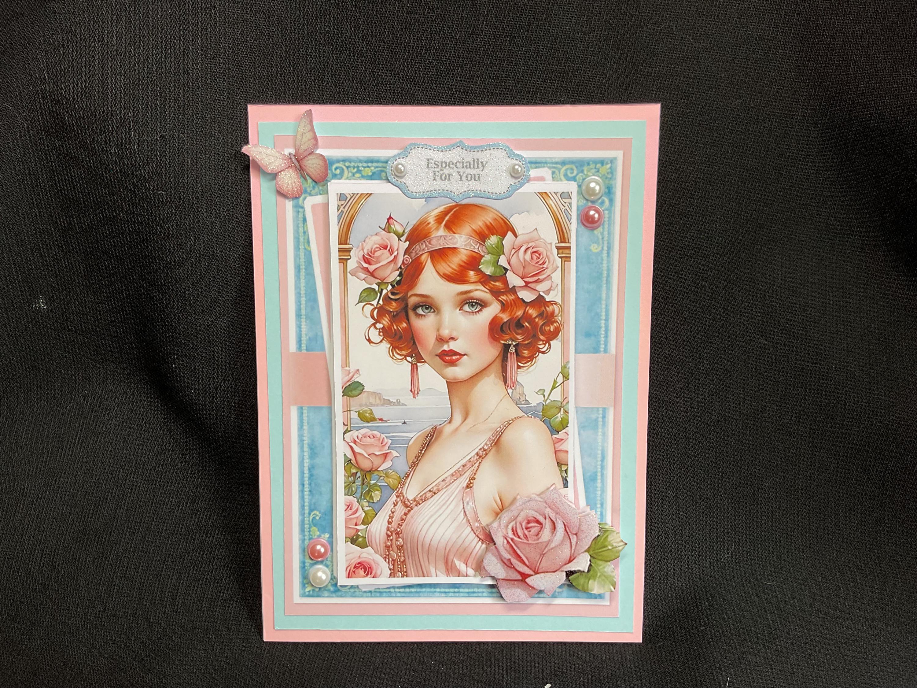 Art Deco 3D Decoupage Card, Pink And Blue, 1920’s Style Card,Personalised, Handmade In The UK