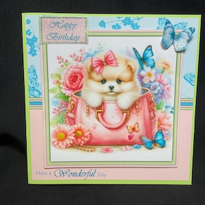 Puppy in handtas, roze en blauw, 3D-decoupagekaart, gepersonaliseerd, handgemaakt in het Verenigd Koninkrijk