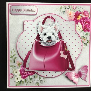 Puppy in een roze handtas, 3D-decoupagekaart, gepersonaliseerd, handgemaakt in het VK