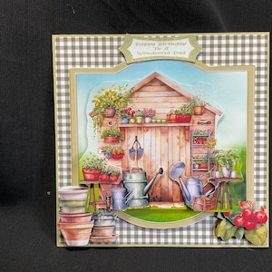 Cartão de jardinagem Man Shed, cartão de decoupage 3D, personalizado, feito à mão no Reino Unido