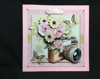 Camera and Flowers, 3D Decoupage Card, Happy Birthday, Personalised, Handmade In The UK