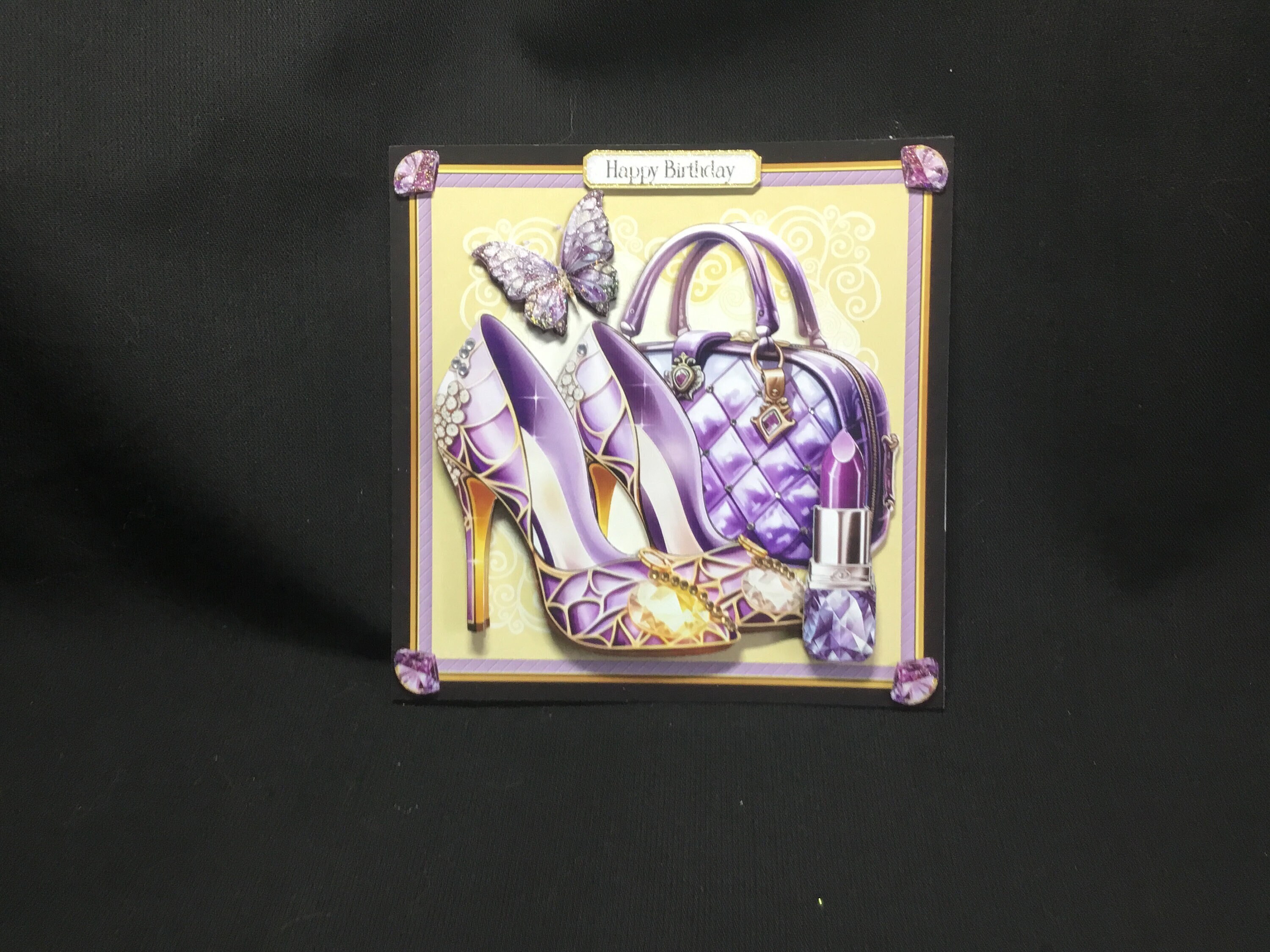 Glitzy Bag And Shoes, Birthday Card, Purple And Gold, 3D Decoupage, Handmade In The Uk