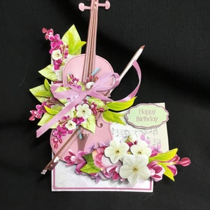 Carte de découpage 3D violon et fleurs, découpe ouverte, fabriquée à la main au Royaume-Uni