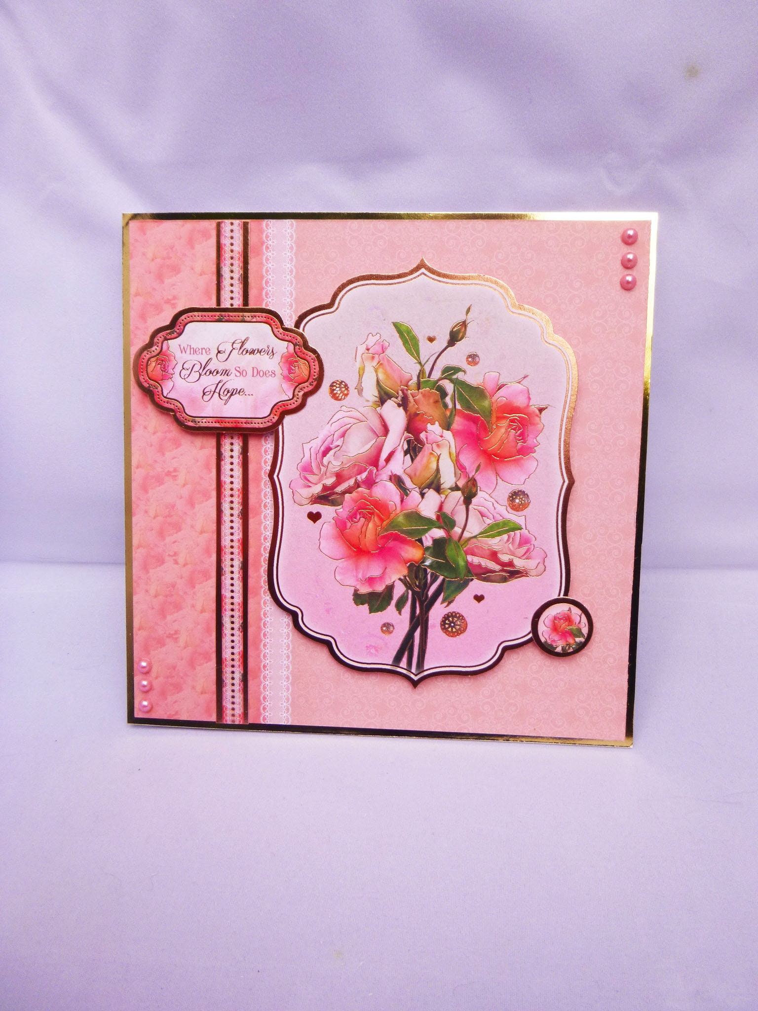 floral bouquet of roses, pink flowers, special birthday card