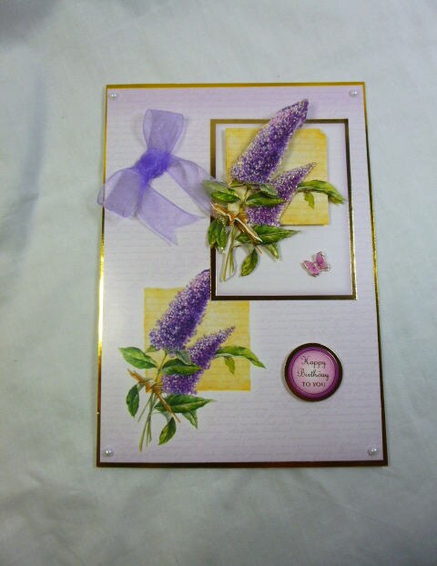 Handmade Happy Birthday card lilac & white flowers & butterflies with pearls Handmade Happy Birthday card lilac & white flowers & butterflies with pearls