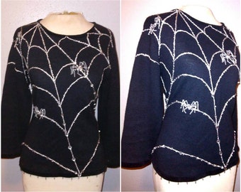 Vintage 90's Black Silver Novelty SPIDERWEB Beaded Spiders Knit Sweater | 1990's Retro Crawling Spider Theme Sequins Rhinestones Top
