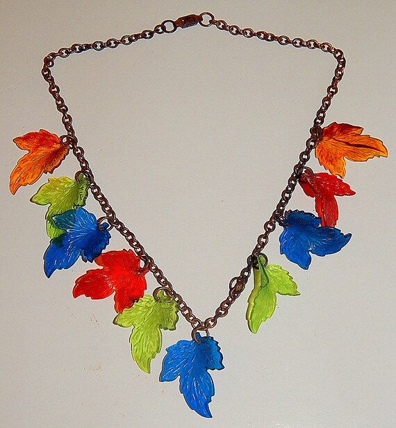 Vintage 40's 50's Plastic RAINBOW Leaves Dangle Ne
