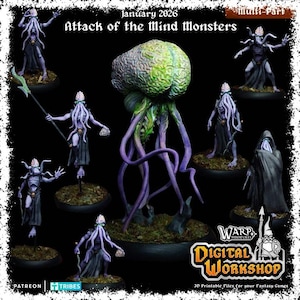Puede incluir: Una colección de miniaturas de fantasía con criaturas con tentáculos y un gran monstruo con forma de cerebro. Las figuras están en varias poses, algunas sosteniendo armas. La imagen incluye el texto "Attack of the Mind Monsters" y "January 2026".