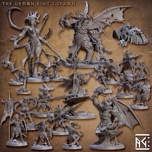 以下が含まれることがあります： グレーのミニチュアフィギュアのコレクション。悪魔や戦士など、細部までこだわったデザイン。フィギュアはサイズやポーズが異なり、翼、武器、鎧を持つものもある。「THE DEMON KING'S SPAWN」の文字が上部に表示。