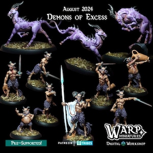 Può includere: Immagine promozionale per Warp Miniatures con miniature di demoni. Le figure sono in varie pose, alcune con armi, e sono dipinte in tonalità di viola, blu e marrone. Il testo "August 2024 Demons of Excess" è in alto.