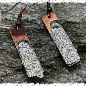 COPPER & SILVER Earrings, Brushed Silver Earrings, Minimalist Jewelry, Copper Jewelry, Abstract Silver Earrings, Bar Dangle Earrings
