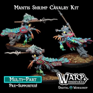 Può includere: Un kit di modelli di cavalleria di gambero mantis multi-parte, pre-supportato, stampato in 3D, con uno schema di colori blu, verde e rosso. Il kit è progettato per i giochi da tavolo e fa parte del Digital Workshop di Warp Miniatures.